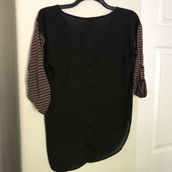 Bobeau Black/Brown Striped Top With Sheer Back - Size Small - Roll Tab Sleeves - Picture 4 of 7